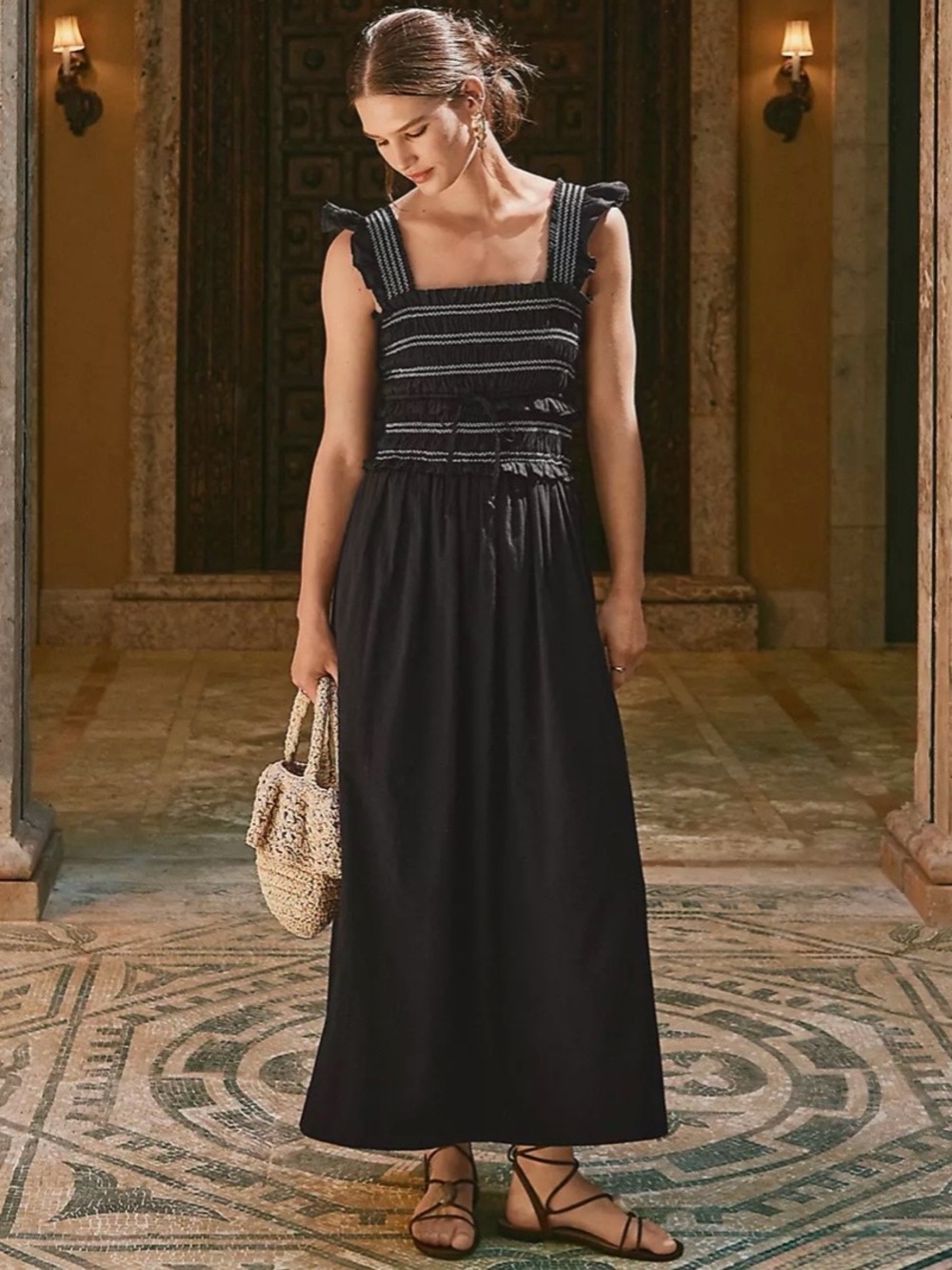 NWT LOFT Ruffle Strap Smocked Midi Dress